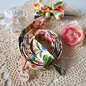Pablo's Floral Denim Dog Bow Tie & Leash Set